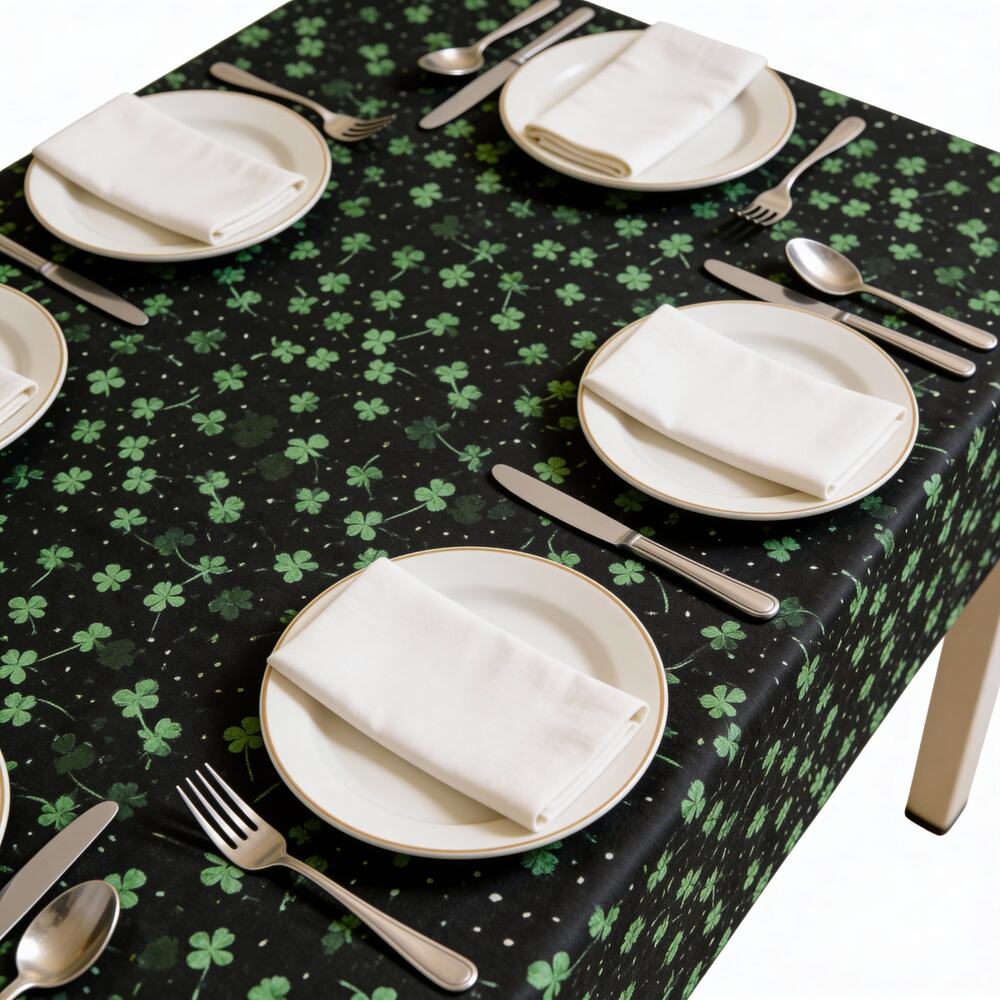 OOAK St Patrick’s Day Shamrock Tablecloth, Green Clover Print, 42x44 Decor Irish